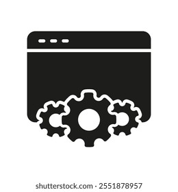 Configuración de Web y Configuraciones Icono de silueta con engranajes para mantenimiento digital. Navegador de Internet y equipo para el símbolo de Asistencia técnica. Ilustración vectorial aislada.