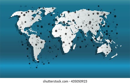 Web Connection With Dots On A World Map. Blue Technical Background. Internet Of Things