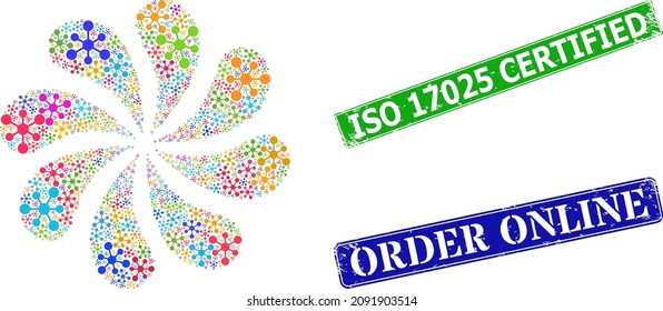 Web connections icon multi colored swirl cluster turbine salute shape, and grunge ISO 17025 Certified badge. Blue Order Online and green ISO 17025 Certified rectangle grunge seal stamps. svg