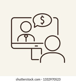 Web consulting line icon. Men using computer for video chat, screen, speech bubble, dollar. Finance concept. Can be used for topics like webinar, training, education
