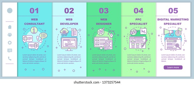Web consulting, marketing services onboarding mobile web pages vector template. Responsive smartphone website interface idea with linear illustrations. Webpage walkthrough step screens. Color concept