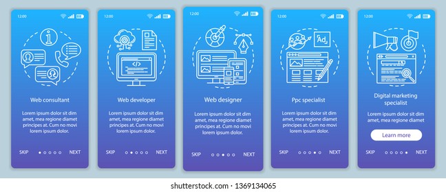 Web consulting onboarding mobile app page screen vector template. Website development. Digital marketing. Walkthrough website steps with linear illustrations. UX, UI, GUI smartphone interface concept