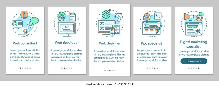 Web consulting onboarding mobile app page screen vector template. Website development. Digital marketing. Walkthrough website steps with linear illustrations. UX, UI, GUI smartphone interface concept