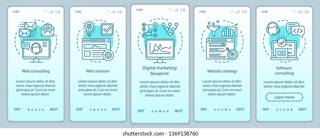 Web consulting onboarding mobile app page screen vector template. Digital marketing, website strategy. Walkthrough website steps with linear illustrations. UX, UI, GUI smartphone interface concept