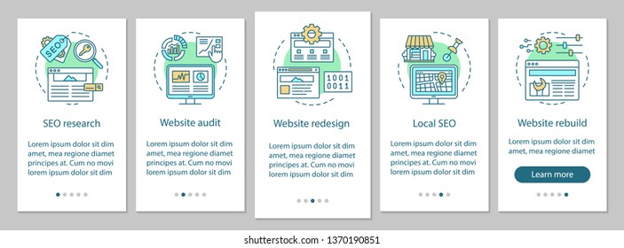Web consulting onboarding mobile app page screen vector template. SEO research. Website redesign, audit. Walkthrough website steps with linear illustrations. UX, UI, GUI smartphone interface concept