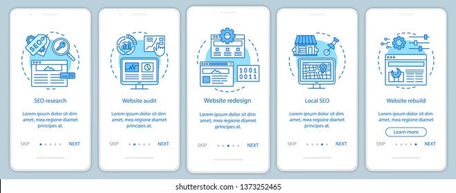 Web consulting onboarding mobile app page screen vector template. SEO research. Website redesign, audit. Walkthrough website steps with linear illustrations. UX, UI, GUI smartphone interface concept