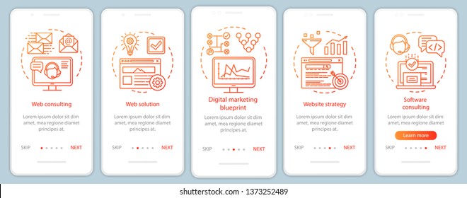Web consulting onboarding mobile app page screen vector template. Digital marketing, website strategy. Walkthrough website steps with linear illustrations. UX, UI, GUI smartphone interface concept