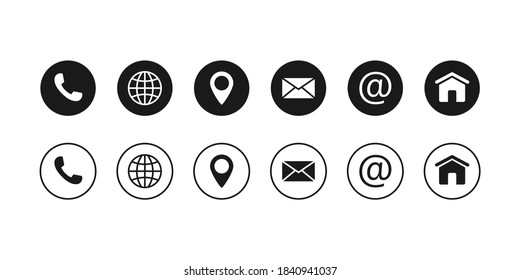 Web contact and communication icon. Call us, location, internet, mail and home icons. Linear and round.