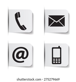 Web contact us black icons with telephone, email, mobile phone and at symbol on paper labels with shadow effects EPS 10 vector illustration isolated on white background.