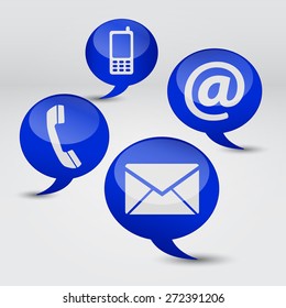 Web contact us Internet concept with email, mobile phone and at icon and symbol on four blue speech clouds for website, blog and on line business.