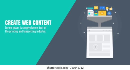 Web content creation, digital content marketing, content publishing vector banner with icons and texts