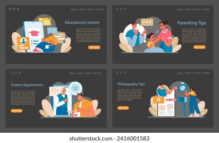 Web Content Creation set. Showcasing educational materials, parenting guides, science, and photography. Engage and inform with vibrant visuals. Flat vector illustration.