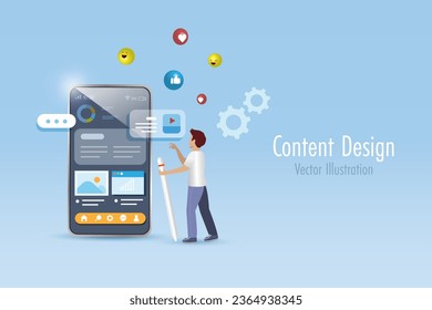 Diseño y creador de contenido web, desarrollo web. El hombre crea y diseña una plantilla de contenido web en smartphone. Marketing digital en medios sociales.