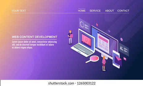 Web content development, digital marketing team, Business promotion with digital media flat 3D isometric banner