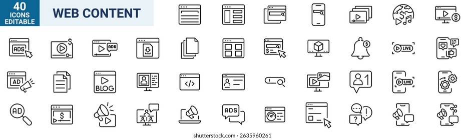 Web Content web icons in line style. Photo, video, media, blogging, collection. Vector illustration.
