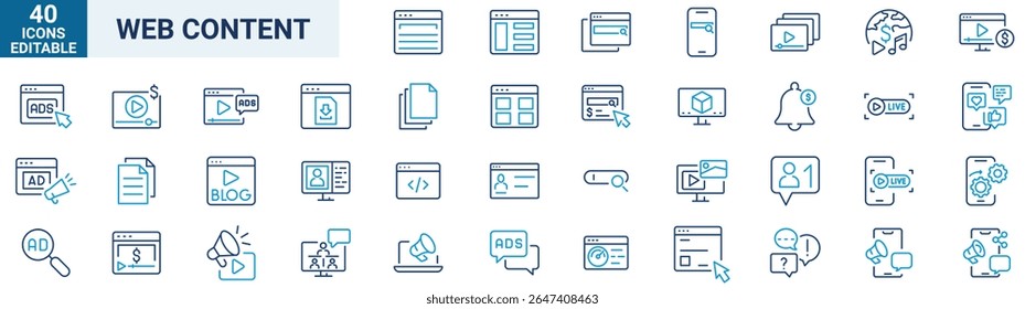 Ícones da Web de Conteúdo da Web em estilo de linha. Foto, vídeo, mídia, blogs, coleção. Ilustração vetorial.