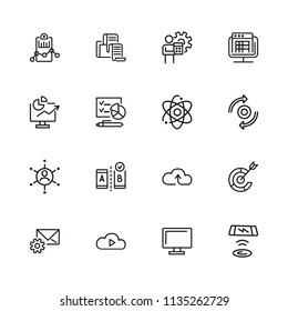 Web content icons. Set of line icons. Analysis, cloud service, satellite. Modern technology concept. Vector illustration can be used for topics like data storage, apps, digital devices.