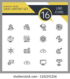Web content icons. Set of line icons. Analysis, cloud service, satellite. Modern technology concept. Vector illustration can be used for topics like data storage, apps, digital devices.