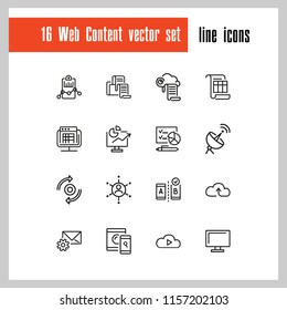 Web content icons. Set of line icons. Analysis, cloud service, satellite. Modern technology concept. Vector illustration can be used for topics like data storage, apps, digital devices.