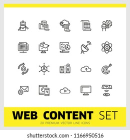Web content icons. Set of line icons. Analysis, cloud service, satellite. Modern technology concept. Vector illustration can be used for topics like data storage, apps, digital devices.