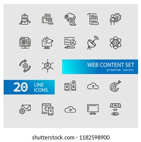 Web content icons. Set of line icons. Analysis, cloud service, satellite. Modern technology concept. Vector illustration can be used for topics like data storage, apps, digital devices.