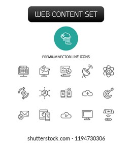 Web content icons. Set of line icons. Analysis, cloud service, satellite. Modern technology concept. Vector illustration can be used for topics like data storage, apps, digital devices.