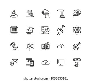 Web content icons. Set of twenty line icons. Analysis, cloud service, satellite. Modern technology concept. Vector illustration can be used for topics like data storage, apps, digital devices.