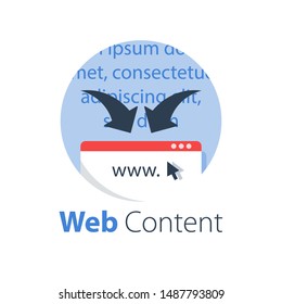 Web content, online information, article writing, vector flat illustration