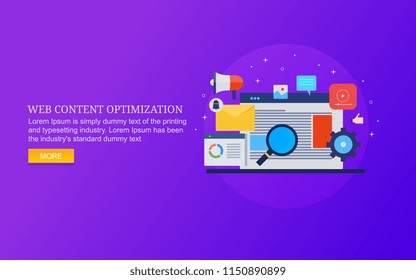 Web content optimization, content promotion, Digital content marketing flat design vector with icons and texts