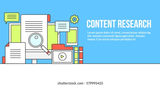 Web content research, creation, and marketing line vector flat design concept with social icons