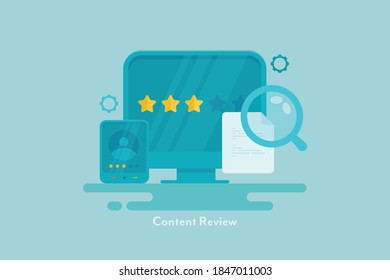 Web content review, sharing online experience, content rating, customer experience - conceptual flat design vector illustration with icons