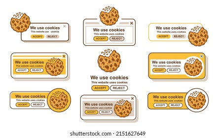 Web cookies tracking, use website browser data security policy icon set. Internet protection personal information. Search, accept safety info. Bite biscuit. Popup user interface landing page. Vector  svg
