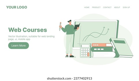 Cursos Web. Diseño de página de inicio web. Ilustración de vectores de dibujos planos. Ilustración vectorial, adecuada para página de inicio web, ui, aplicación móvil