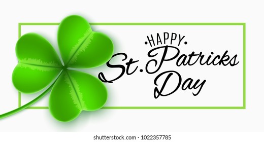Web cover for Saint Patrick's Day. Green frame banner with clover and black text. White background. Calligraphic text. Greeting card. Vector illustration. EPS 10