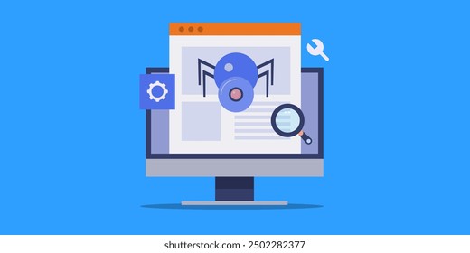 Web crawler gathering information from website, Search engine crawler indexing website and web pages - vector illustration with icons