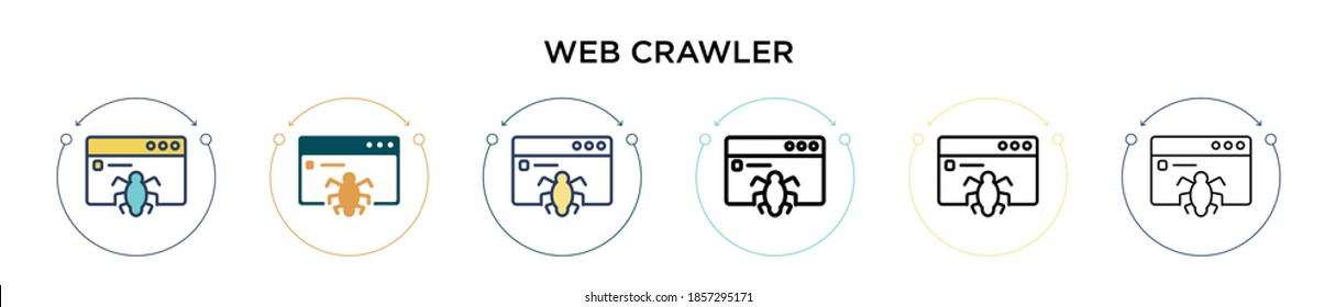 Web crawler icon in filled, thin line, outline and stroke style. Vector illustration of two colored and black web crawler vector icons designs can be used for mobile, ui, web