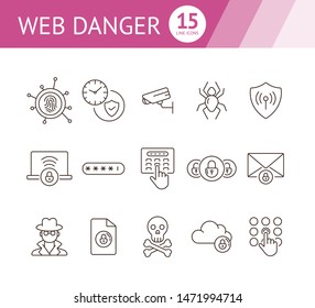 Web danger icons. Set of line icons. Spider, surveillance camera. Internet security concept. Vector illustration can be used for topics like information security, computing