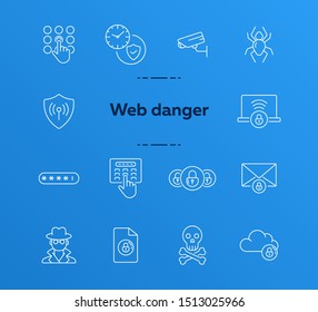 Web danger icons. Set of line icons. Spider, surveillance camera. Internet security concept. Vector illustration can be used for topics like information security, computing