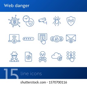 Web danger icons. Set of line icons. Spider, surveillance camera. Internet security concept. Vector illustration can be used for topics like information security, computing