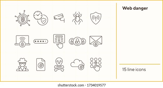 Web danger icons. Set of line icons. Spider, surveillance camera. Internet security concept. Vector illustration can be used for topics like information security, computing