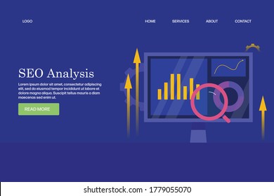 Web Data Analysis, Business Analytics , Chart, Graph, Measure Growth, Business Progress, Success - Conceptual Vector Illustration Template With Icons