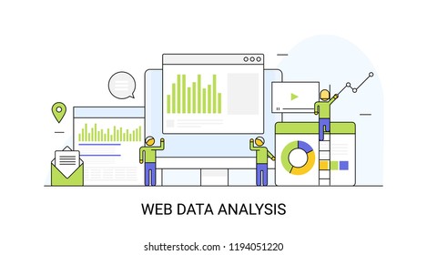Web data analysis, data graph , chart on computer screen, working on data research flat line vector banner