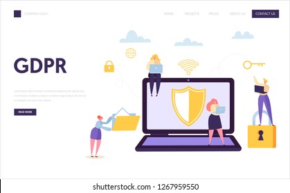 Web Data Internet Security Landing Page. Digital Information GDPR Technology Protection. Business Character Identification System Concept for Website or Web Page. Flat Character Vector Illustration