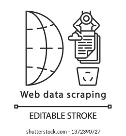 Web data scraping linear icon. Screen scraping. RPA. Web harvesting. Automatic cleaning of cloud storage. Thin line illustration. Contour symbol. Vector isolated outline drawing. Editable stroke