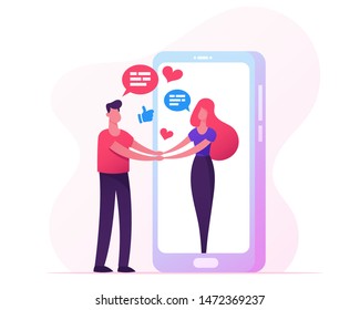 Web Dating, Human Relations Concept. Young People Meeting in Internet, Man Holding Woman Hand Going Out of Huge Smartphone Screen, Characters Communication, Friendship Cartoon Flat Vector Illustration
