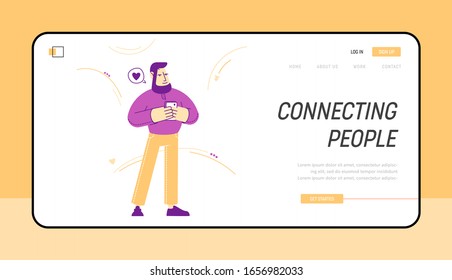 Web Dating, Love and Human Relations Website Landing Page. Young Man Chatting im Internet Holding Smartphone Blick auf den Bildschirm mit Herz-Webseite Banner. Cartoon Flache Vektorillustration Illustration, Line Art