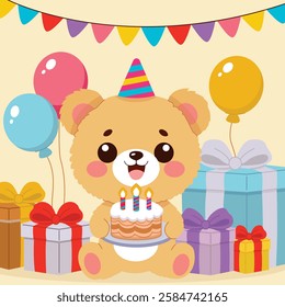 Web Day Birthday Cute teddy bear with cake Postcard Picture Cute Vector illustration Teddy bea