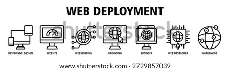 Web Deployment web banner icon vector illustration concept with icons of responsive design, website development, web hosting, browsing activity, browser interface, web developer tools, and worldwide access.