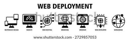Web Deployment web banner icon vector illustration concept with icons of responsive design, website development, web hosting, browsing activity, browser interface, web developer tools, and worldwide access.