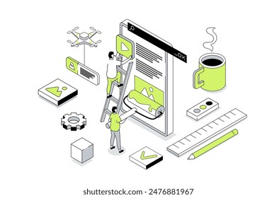 Web design 3d isometric concept in outline isometry design for web. People creating pages layouts, placing content blocks, programming and coding homepages for mobile phone. Vector illustration.